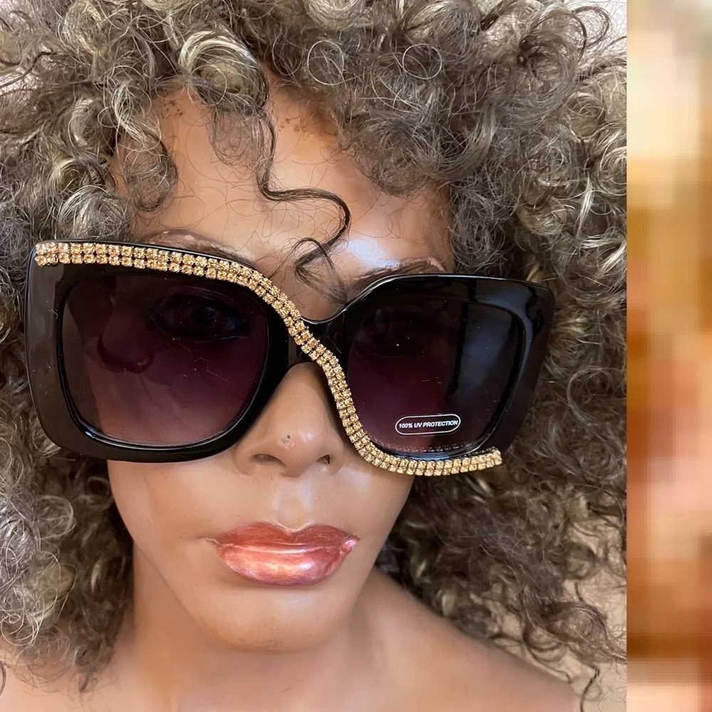 Fabulous New Gold RHINESTONE Embellished Oversized Square SUNGLASSES
